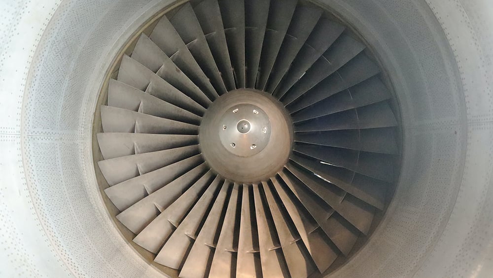 Upclose image of an airplane engine. 